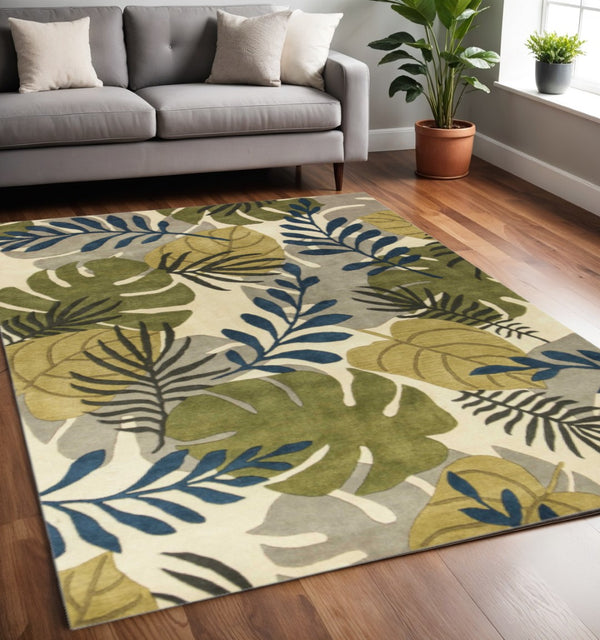HomeRoots 5' Luxurious Wool Botanical Leaves Area Rug - Hand-Tufted Ivory, Green & Blue for Cozy Spaces 5' X 8' 349822