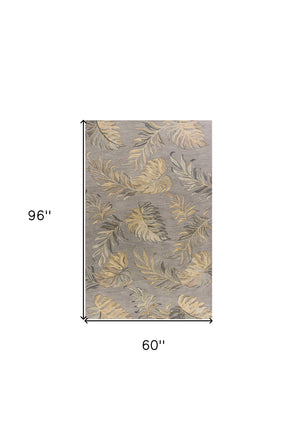 HomeRoots 5' Elegant Gray and Taupe Hand-Tufted Wool Area Rug with Botanical Leaves for Cozy Living Spaces 5' X 8' 349823