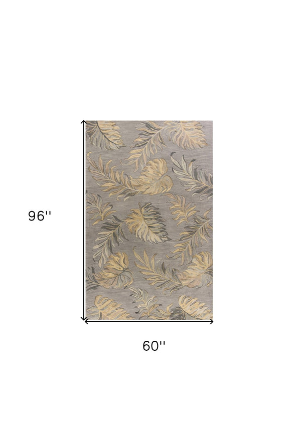 HomeRoots 5' Elegant Gray and Taupe Hand-Tufted Wool Area Rug with Botanical Leaves for Cozy Living Spaces 5' X 8' 349823