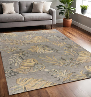 HomeRoots 5' Elegant Gray and Taupe Hand-Tufted Wool Area Rug with Botanical Leaves for Cozy Living Spaces 5' X 8' 349823