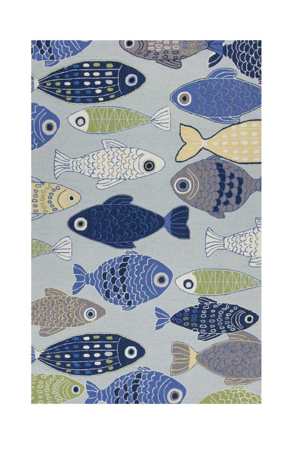 HomeRoots 7' Coastal Fish Hand-Tufted Area Rug in Blue, Ivory & Green – Durable, Stylish Comfort for Any Space 7' X 9' 349825
