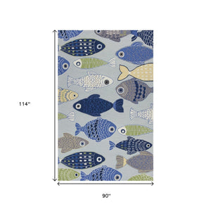 HomeRoots 7' Coastal Fish Hand-Tufted Area Rug in Blue, Ivory & Green – Durable, Stylish Comfort for Any Space 7' X 9' 349825