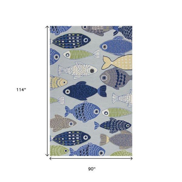 HomeRoots 7' Coastal Fish Hand-Tufted Area Rug in Blue, Ivory & Green – Durable, Stylish Comfort for Any Space 7' X 9' 349825
