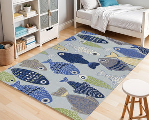 HomeRoots 7' Coastal Fish Hand-Tufted Area Rug in Blue, Ivory & Green – Durable, Stylish Comfort for Any Space 7' X 9' 349825