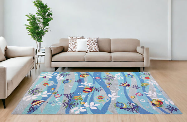 Homeroots 8' X 10' Blue Hand Hooked Marine Life Indoor Area Rug  Polyester 349826