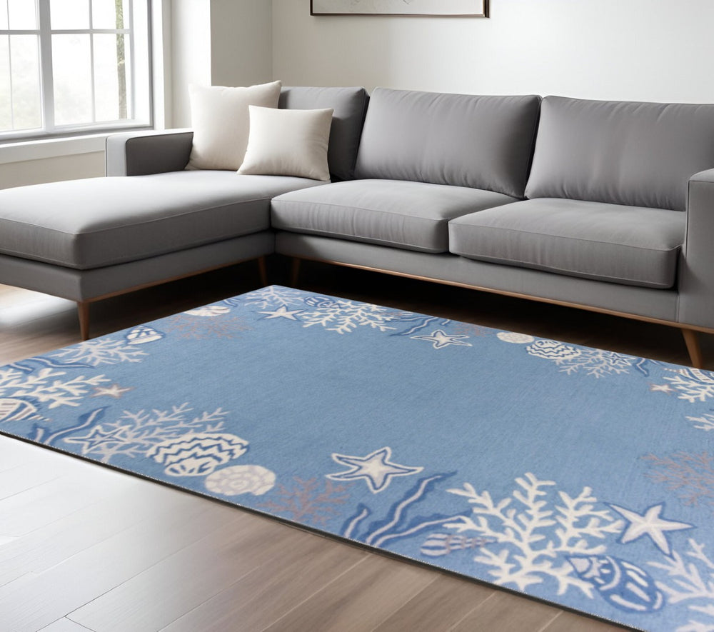 HomeRoots 8' Coastal Charm Hand-Tufted Area Rug with Fish and Coral Motif in Blue-Gray for Stylish Homes 8' X 10' 349828