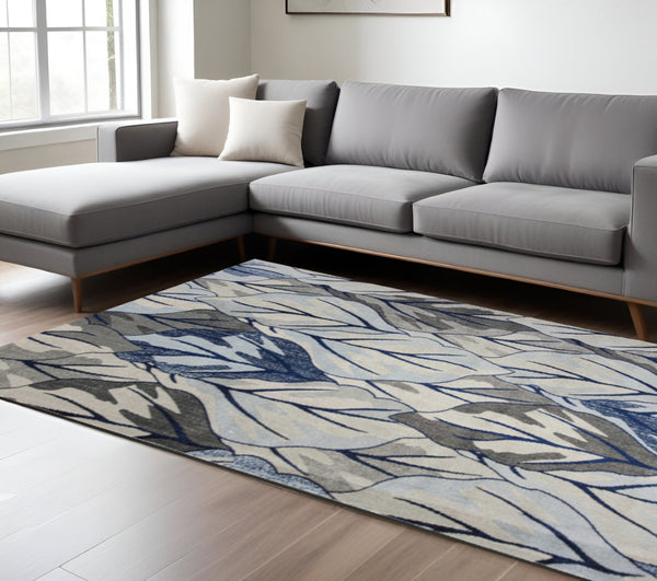 HomeRoots 8' Gray and Navy Blue Botanical Leaves Area Rug - Stylish, Durable, and Perfect for Any Room Decor 8' X 11' 349844