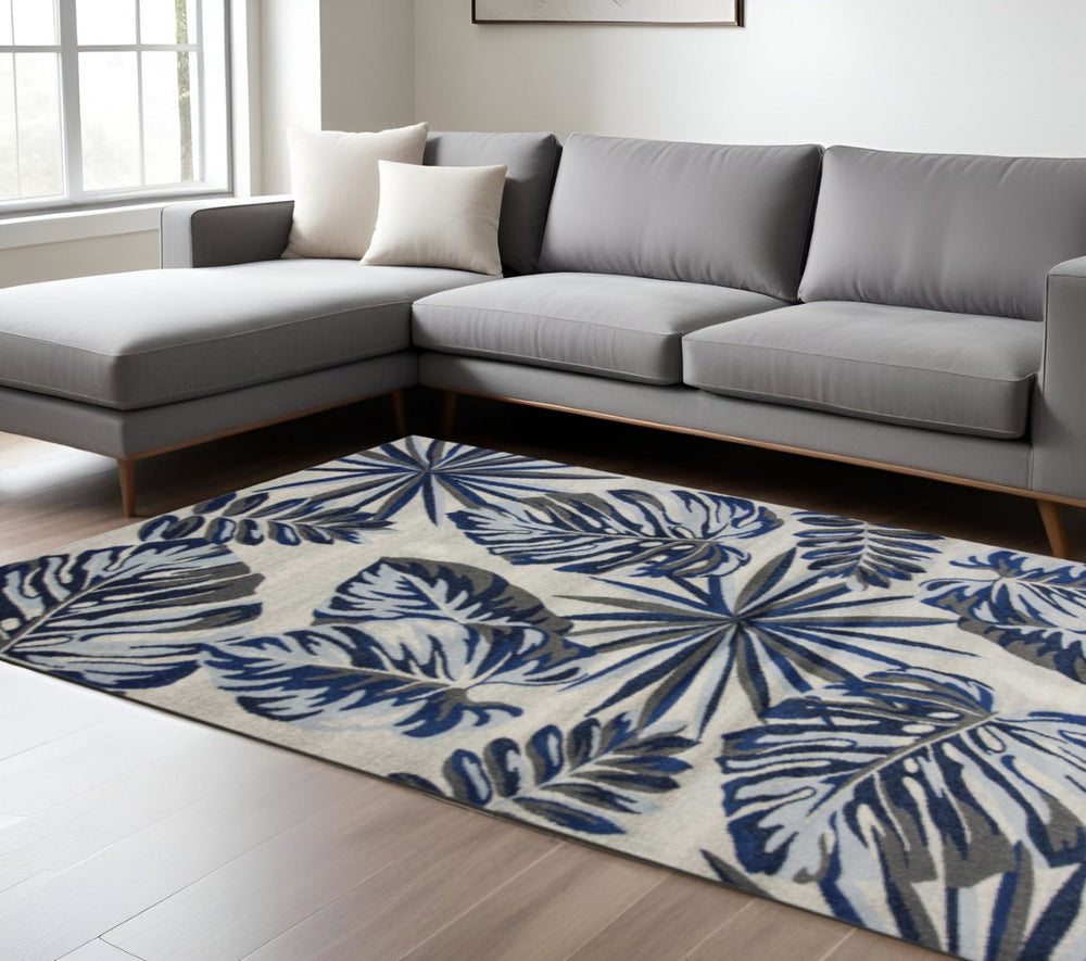 HomeRoots 8' Transform Your Space with a Blue and Gray Botanical Leaves Area Rug for Modern Elegance & Comfort 8' X 11' 349846