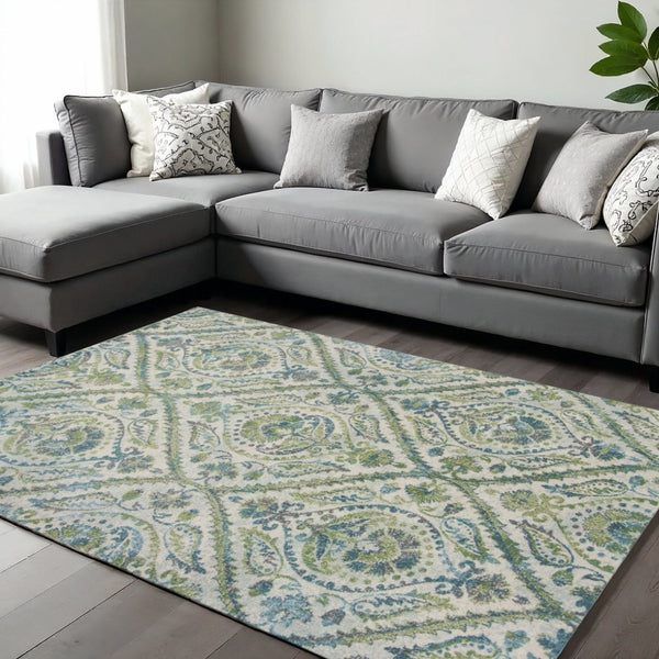 HomeRoots 7' Bold Green, Ivory & Teal Medallion Area Rug - Stylish, Durable, and Low-Maintenance for Any Room 7' X 10' 349847