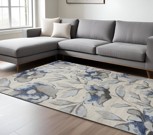 HomeRoots 7' Contemporary Floral Vines Area Rug in Ivory, Blue, and Gray - Elegant Design for Modern Spaces 7' X 10' 349849