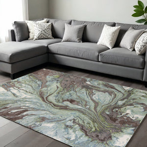 HomeRoots 7' Abstract Area Rug in Calming Green & Brown Tones - Durable, Stylish, Perfect for High-Traffic Spaces 7' X 10' 349858