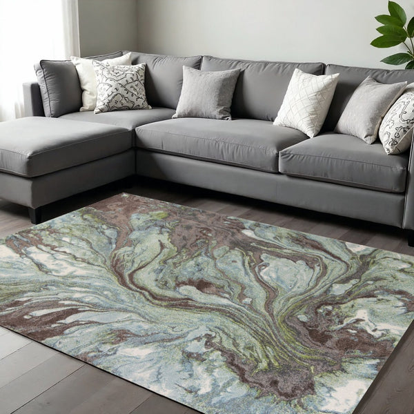 HomeRoots 7' Abstract Area Rug in Calming Green & Brown Tones - Durable, Stylish, Perfect for High-Traffic Spaces 7' X 10' 349858