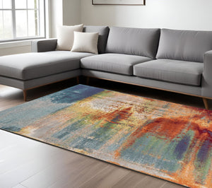 HomeRoots 8' Blue, Rust, and Orange Abstract Area Rug - Modern Design for Durable Living Room Style and Comfort 8' X 11' 349859