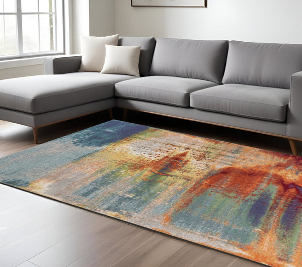 HomeRoots 8' Blue, Rust, and Orange Abstract Area Rug - Modern Design for Durable Living Room Style and Comfort 8' X 11' 349859