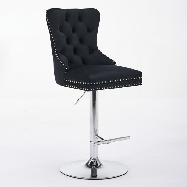 English Elm Thick Velvet Swivel Barstools with 17.7" Chrome Base, Tufted Diamond Pleating, Comfort Foam Seats Black W1143P335042