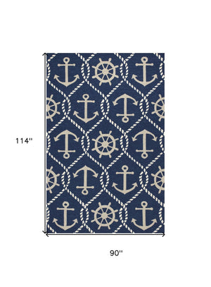 HomeRoots 7' Navy Blue Nautical Handmade Area Rug - Durable Indoor Outdoor Charm for Coastal Spaces & Patios 8' x 10' 349923