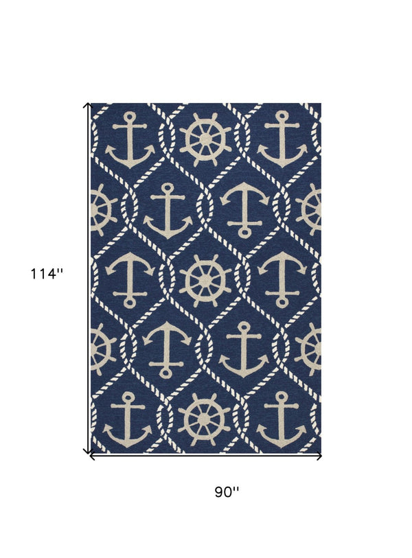 HomeRoots 7' Navy Blue Nautical Handmade Area Rug - Durable Indoor Outdoor Charm for Coastal Spaces & Patios 8' x 10' 349923