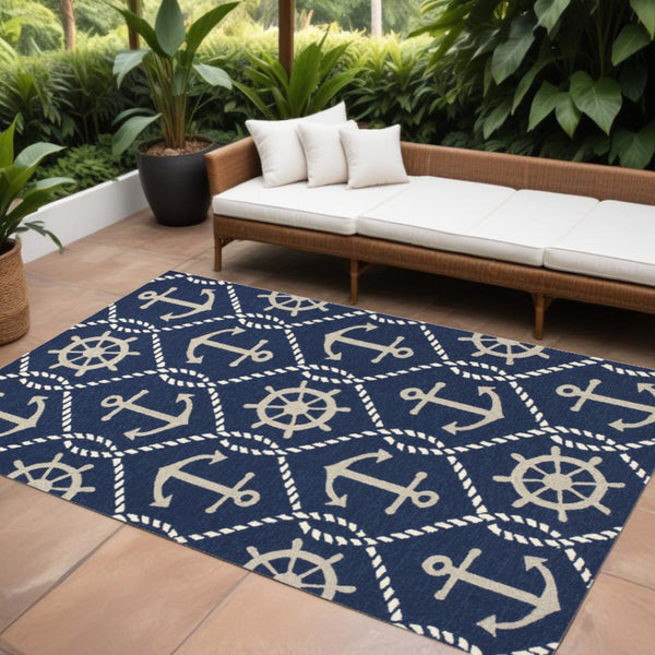 HomeRoots 7' Navy Blue Nautical Handmade Area Rug - Durable Indoor Outdoor Charm for Coastal Spaces & Patios 8' x 10' 349923