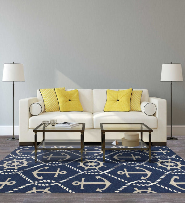 HomeRoots 7' Navy Blue Nautical Handmade Area Rug - Durable Indoor Outdoor Charm for Coastal Spaces & Patios 8' x 10' 349923
