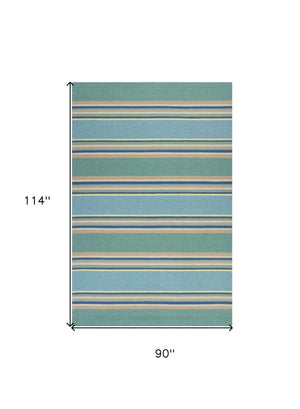 HomeRoots 8' Handmade Blue Striped Area Rug - Coastal-Inspired Design for Indoor & Outdoor Spaces, Durable Style 8' x 10' 349926