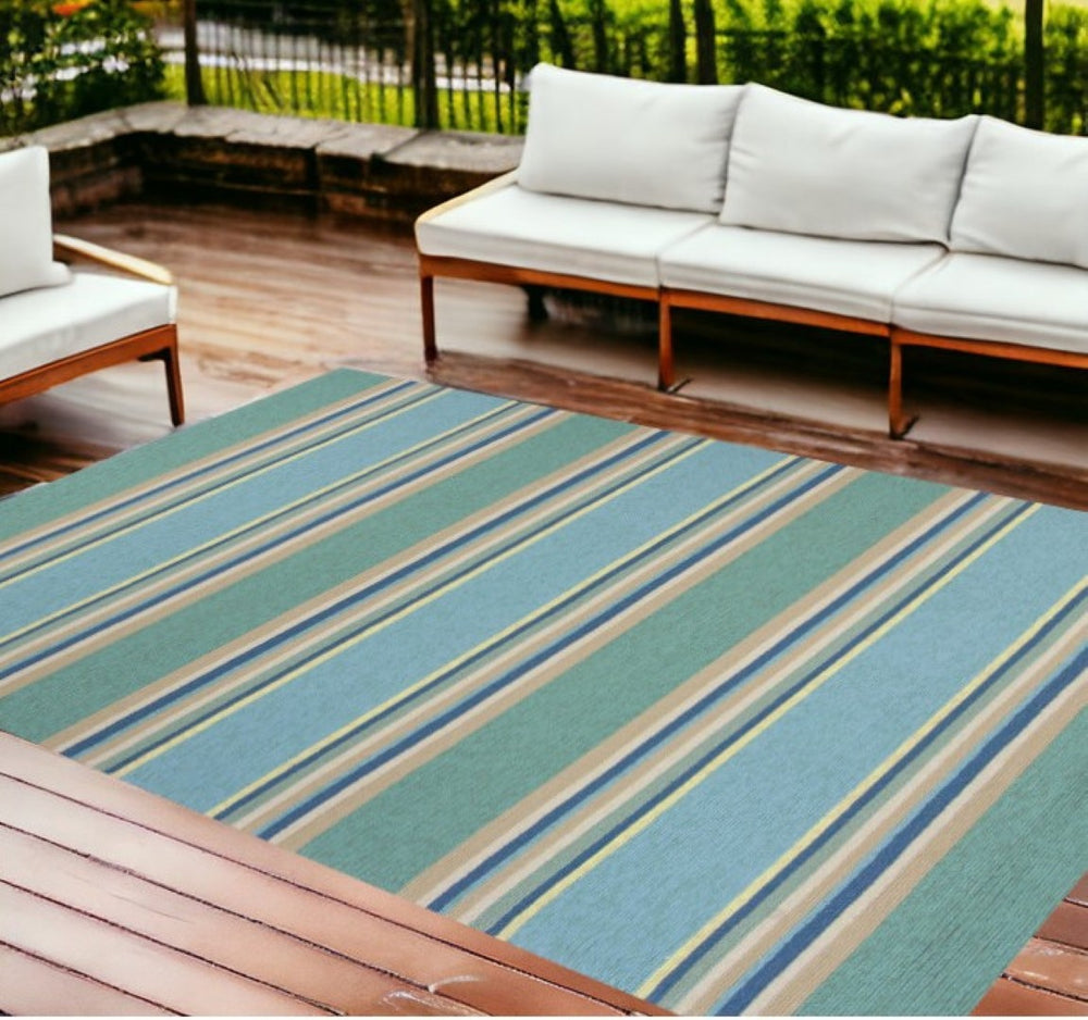 HomeRoots 8' Handmade Blue Striped Area Rug - Coastal-Inspired Design for Indoor & Outdoor Spaces, Durable Style 8' x 10' 349926
