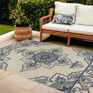 HomeRoots 8' Timeless Ivory and Blue Damask Area Rug for Indoor and Outdoor Elegance and Easy Maintenance 8' x 10' 349928