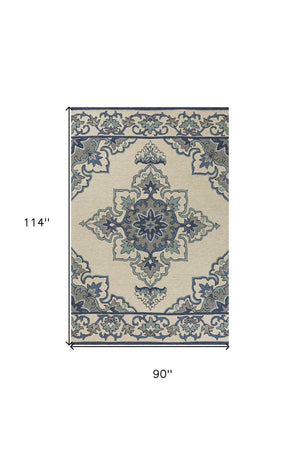 HomeRoots 8' Timeless Ivory and Blue Damask Area Rug for Indoor and Outdoor Elegance and Easy Maintenance 8' x 10' 349928