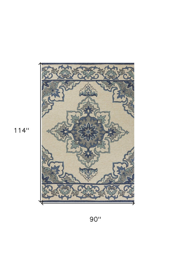 HomeRoots 8' Timeless Ivory and Blue Damask Area Rug for Indoor and Outdoor Elegance and Easy Maintenance 8' x 10' 349928