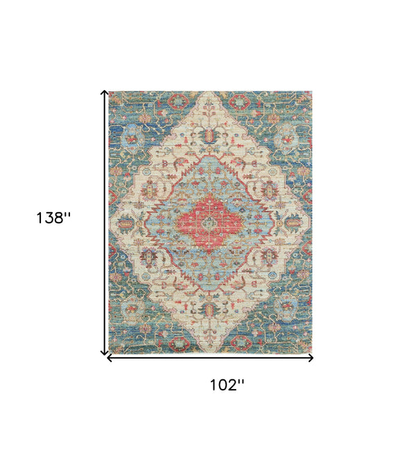 Homeroots 7' X 12' Blue And Red Medallion Handmade Area Rug  Jute 349941