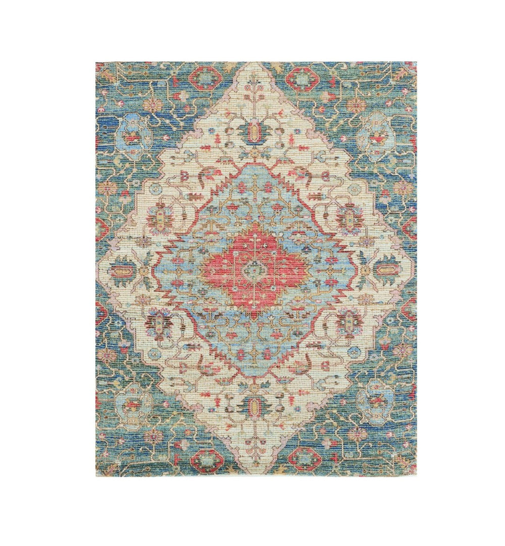 HomeRoots 7' Handcrafted Jute Medallion Area Rug in Blue, Beige & Brick Red – Timeless Elegance for Your Home 7' X 12' 349941