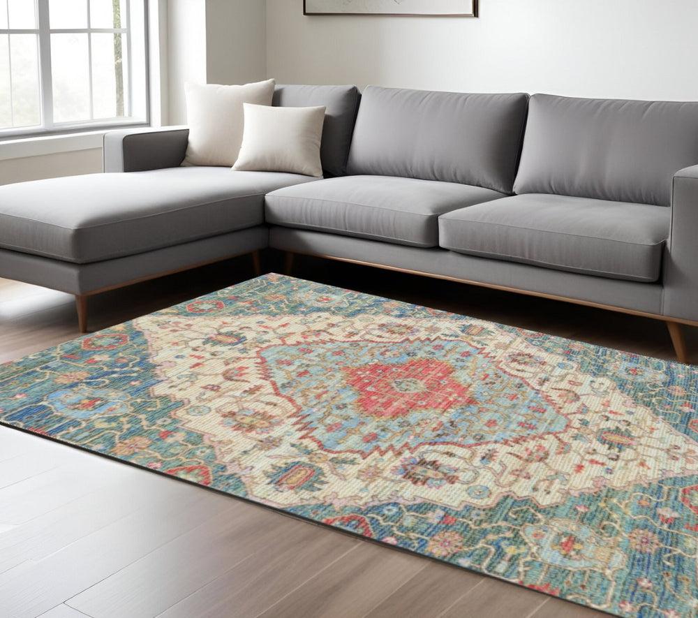HomeRoots 7' Handcrafted Jute Medallion Area Rug in Blue, Beige & Brick Red – Timeless Elegance for Your Home 7' X 12' 349941