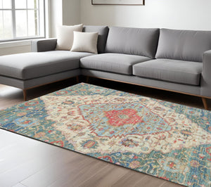 HomeRoots 7' Handcrafted Jute Medallion Area Rug in Blue, Beige & Brick Red – Timeless Elegance for Your Home 7' X 12' 349941