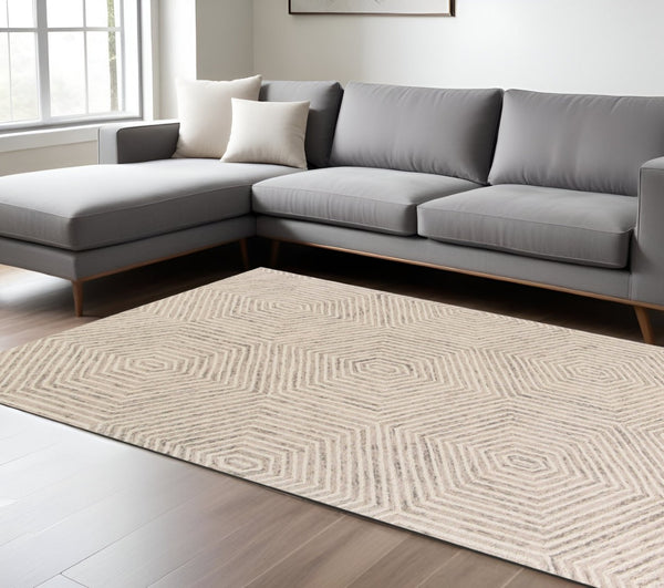 HomeRoots 8' Wool Geometric Hand-Tufted Area Rug in Sand and Beige - Modern, Durable, and Inviting Design 8' X 10' 349946