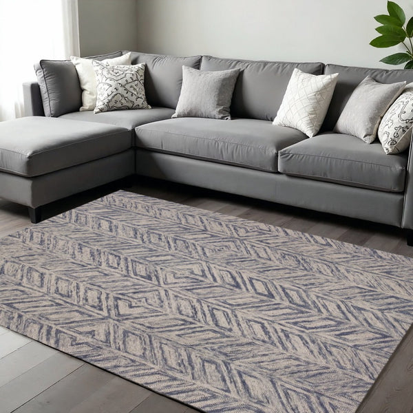 HomeRoots 8' Hand-Tufted Wool Chevron Area Rug in Blue and Beige – Stylish Comfort for Modern Interiors 8' X 10' 349947