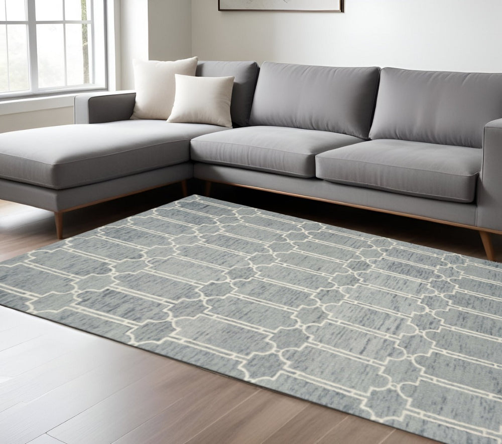 HomeRoots 8' Geometric Hand-Tufted Wool Area Rug in Slate Blue and Ivory - Soft, Stylish, and Durable Design 8' X 10' 349949