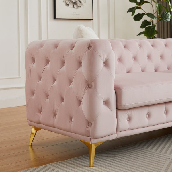 English Elm Fx Velvet Chesterfield Sofa Button Tufted Diamond Quilted Design with Accent Pillows Pink W1926S00079