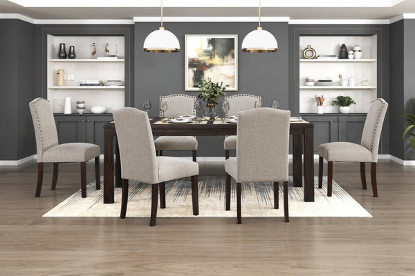 English Elm 7pc Acacia Wood Dining Set Nailhead Parsons Chairs Formal Rectangle Table Seats Six Dark Brown,Taupe B011S02238