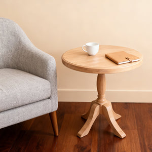 English Elm 23.6'' Round Wooden End Table with Adjustable 24.4/28.4'' Stands, Solid Wood Rustic Beige Accent Table W3426P385596