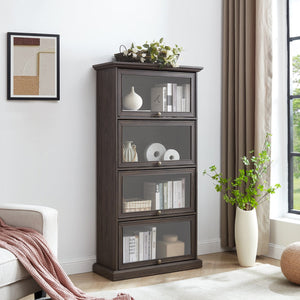 English Elm Glass 4-Tier Display Cabinet with Tempered Glass Doors, Flip-Up Access, Aluminum Frame, Elegant Chic Storage for Collectibles and Books Brown W2275P206601