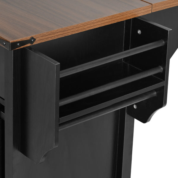 English Elm K&K 58" Farmhouse Kitchen Island with Sliding Barn Door, Drop Leaf, Glass Rack, Locking Wheels, Power Black N707P349811B