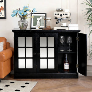 English Elm 45" Mirrored Acrylic Door Sideboard Mdf Buffet Cabinet with Adjustable Shelves Black W2899P372750