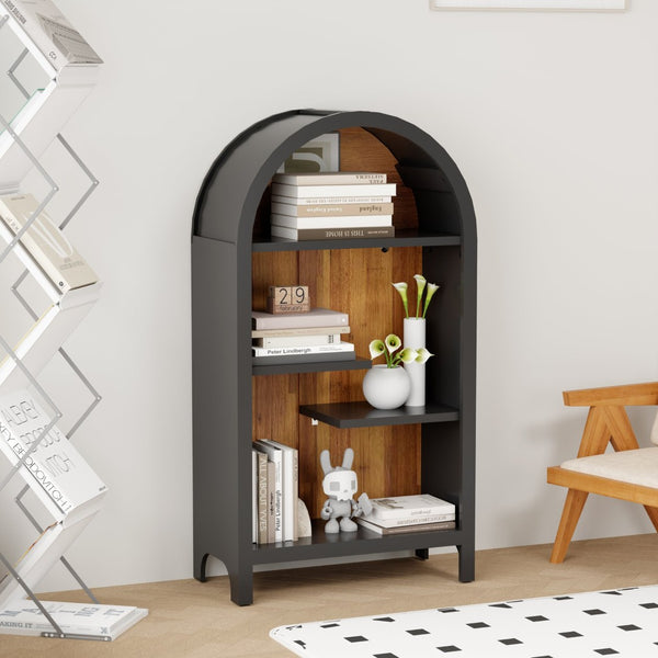 English Elm 4-tier Arched Freestanding Bookcase with Lattice Doors Open Display and Cabinet Storage W3123P485378