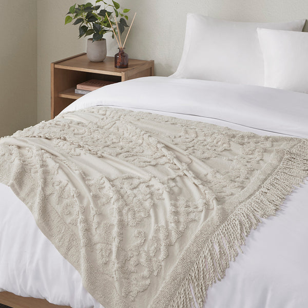 JLA Home Madison Park - 100% Cotton Tufted Chenille Throw with Fringe Tassel — Lightweight, Breathable Boho Layering Accent Grey MP50N-5512