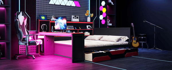 English Elm Queen Gaming Bed Frame with Desk Led Lighting Storage Drawers and Bookcase Headboard Black+Red LP000290AAJ