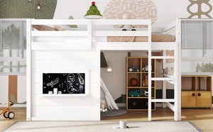 English Elm Twin Loft Bed House Frame with Sliding Chalkboard Built-in Bookshelf and Safety Rails White W1580S00319