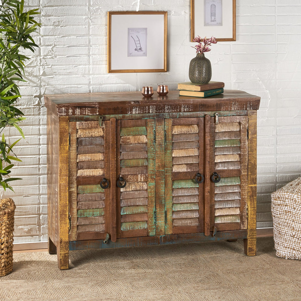 English Elm Christopher Knight Home® - Wd. Recycled Cabinet - Handcrafted Mango Wood Slatted Boho Storage Cabinet with Distressed Finish, Crescent Handles 66629.00