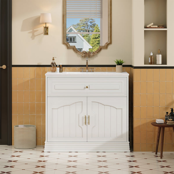 English Elm 36" Luxurious Bathroom Vanity with Ceramic Sink and Soft-Close Doors, Solid Wood Frame, Adjustable Shelves White N710P288944K