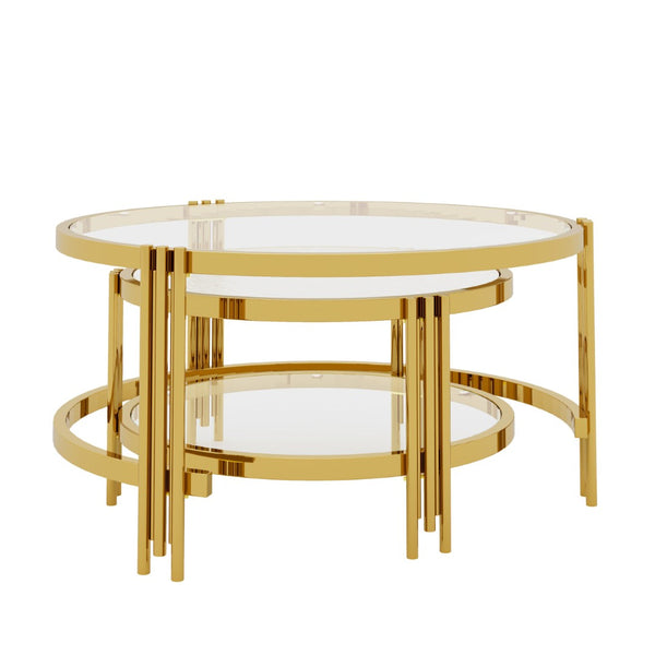 English Elm Modern Nesting Coffee Table Set Textured Tempered Glass Gold Tripod Base Living Room N735P354005A