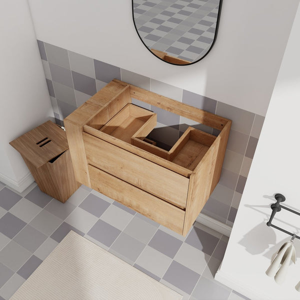 English Elm 30" Wall Mounting Bathroom Vanity Cabinet with Adjustable Side Shelf, Soft-Close 2/3 Drawers, Water-Resistant Plywood Imitative Oak W999P193004
