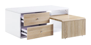 English Elm White White High Gloss 4-Drawer Coffee Table with Pull-Out Table, Contrasting Natural Drawer Fronts and Smooth Metal Glides for Modern Storage Elegance B062P209128